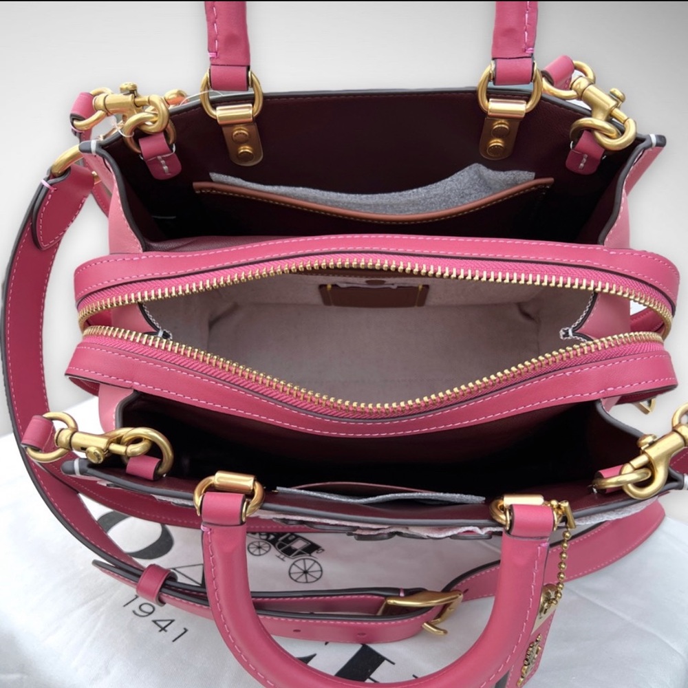 AUTHENTICATED NWT Coach Rogue 25 Colorblock w/ Tea Rose & Coach Tea Rose Studs - Picture 12 of 17